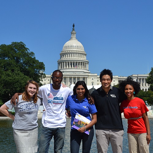 Diverse group of medical students standing in front of the US Capitol